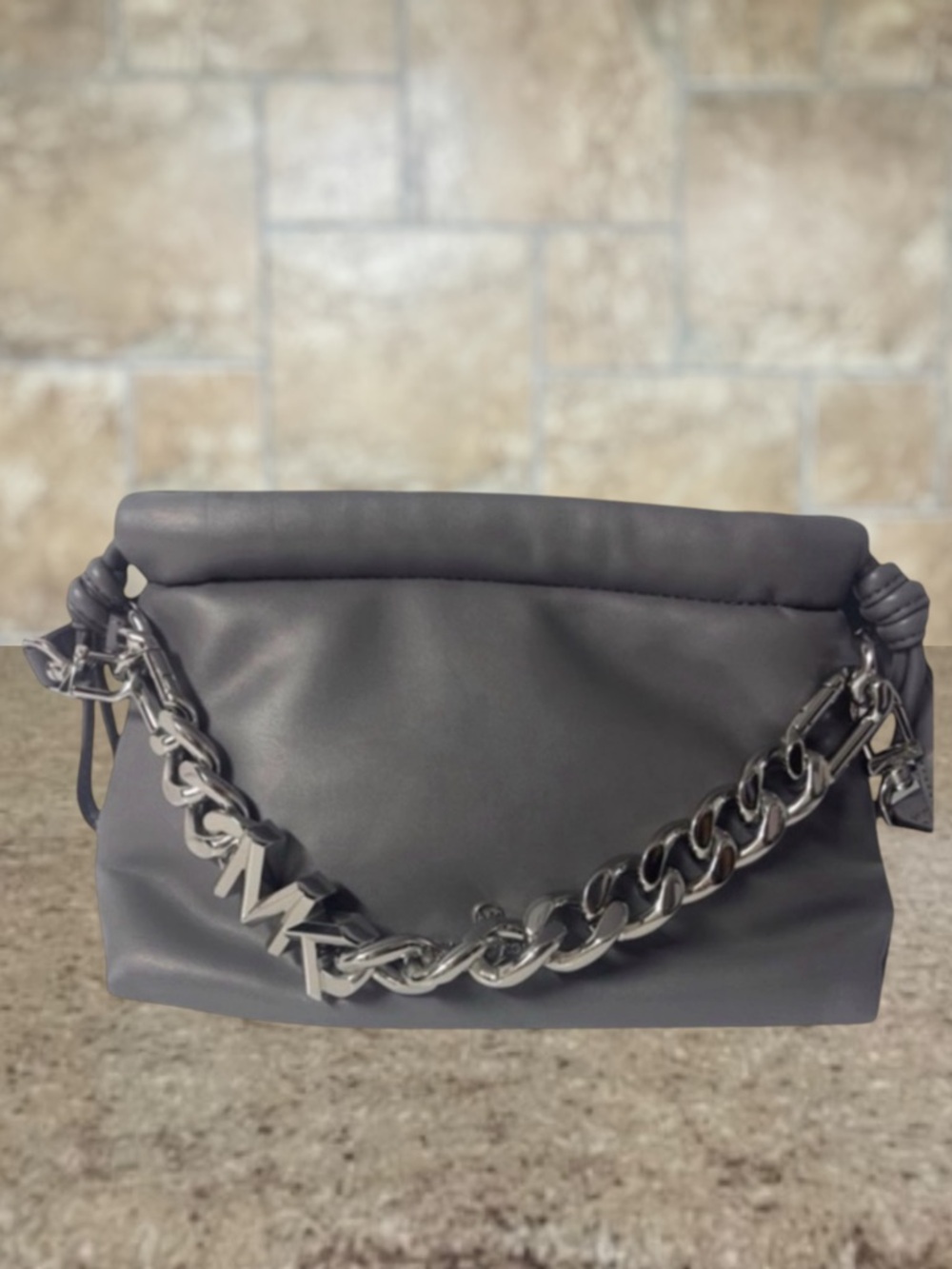 Michael Kors Lina XS Drawstring Crossbody Soft Plush Leather Heather Gray